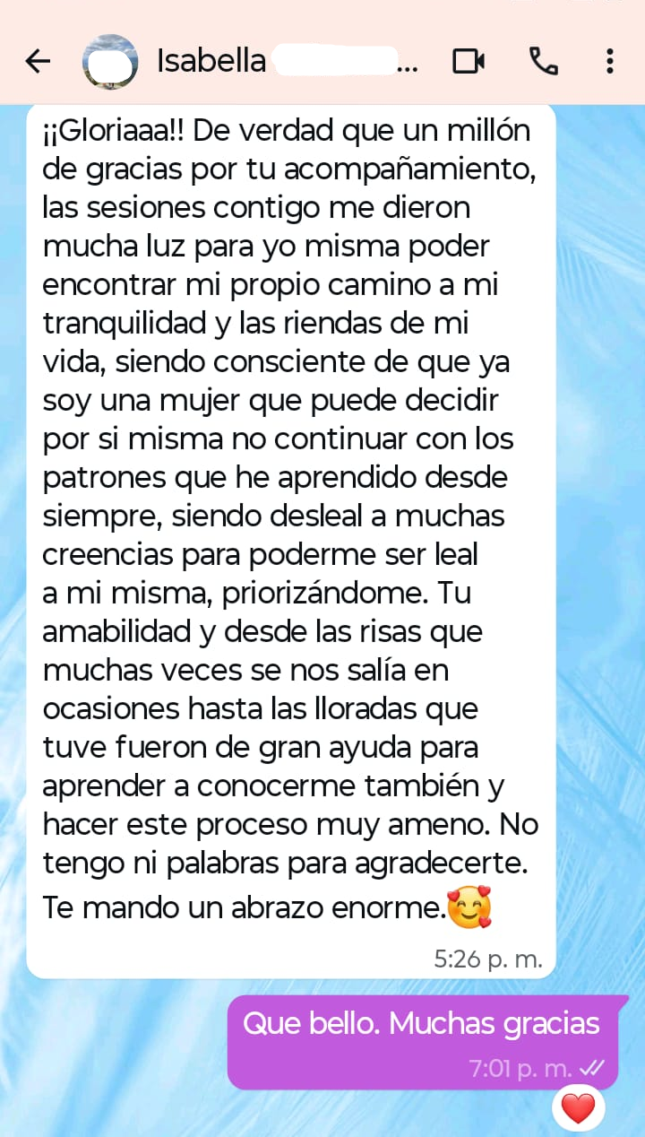 Mensaje de agradecimiento de una consultante recibido por WhatsApp